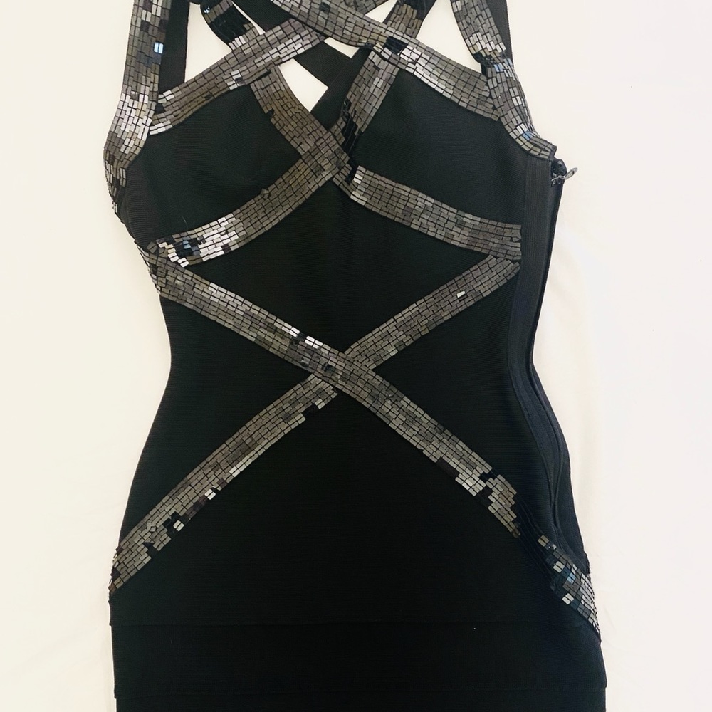 Herve Leger Black Sequence Multi Strap XS Dress